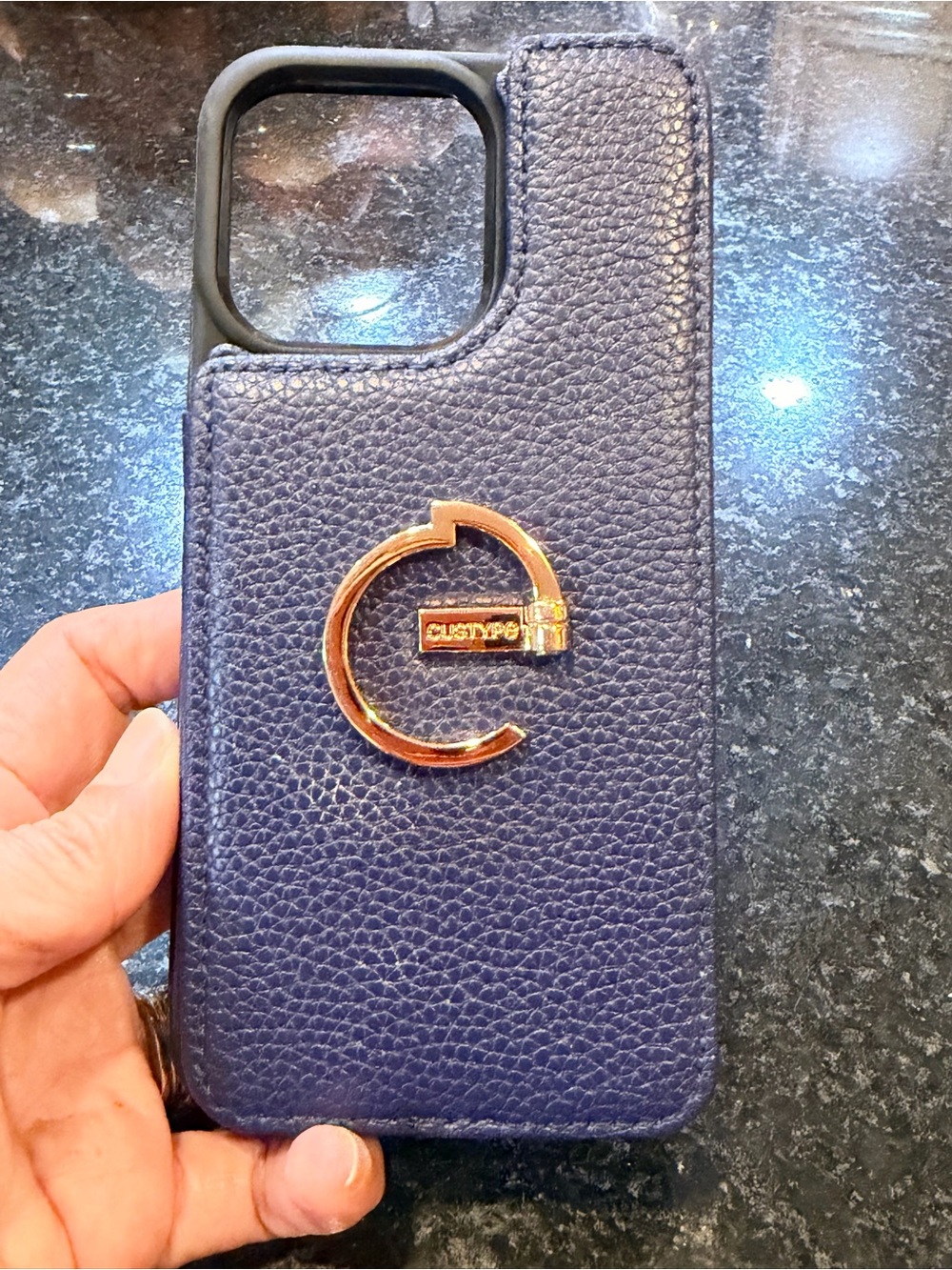 Leather Navy Blue Phone Case with Gold Ring Holder